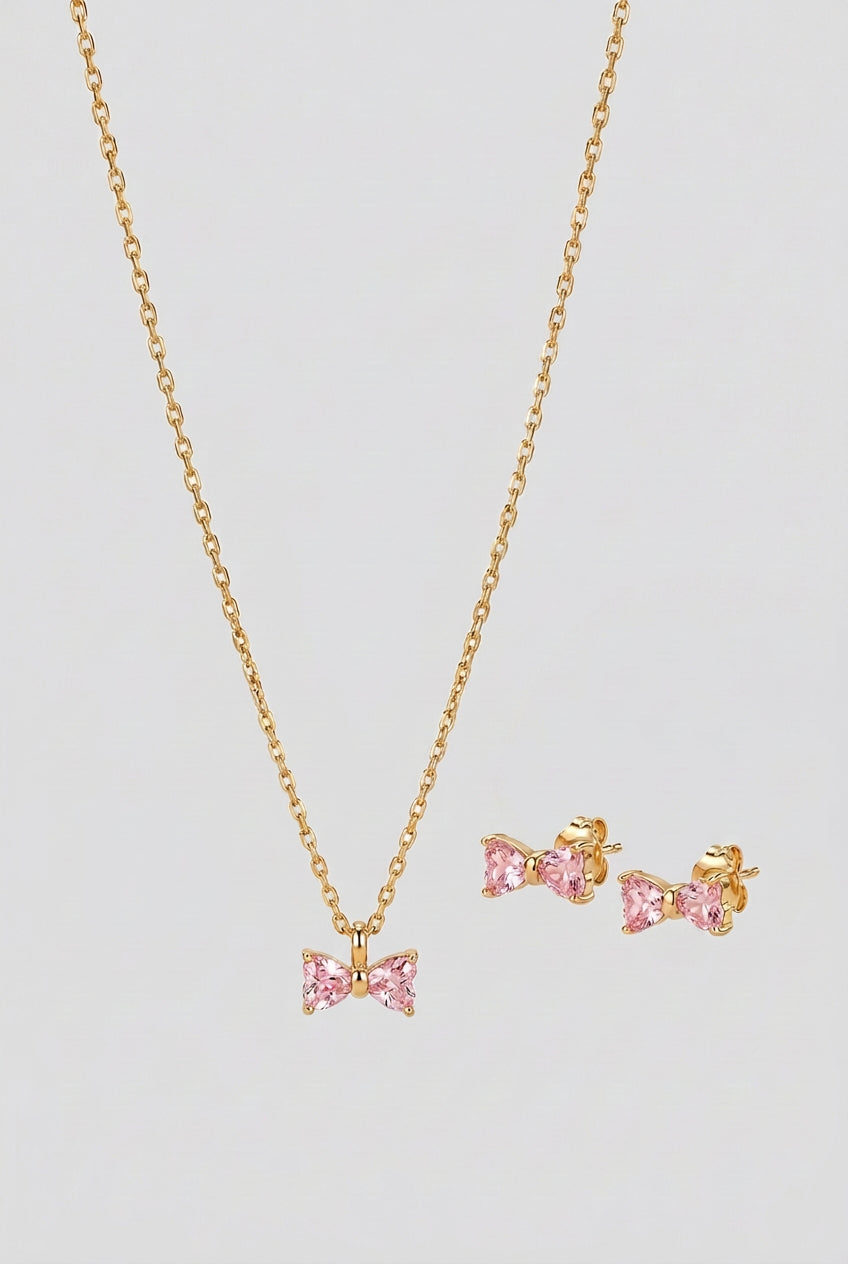 Pink Crystal Bow Chain With Studs
